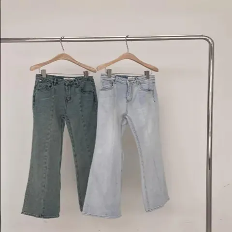Pantaloni Jeans a Zampa Donna Vintage Vita Alta Retro Pantaloni Denim Casual Slim Fit Pantaloni Lunghi Tinta Unita Blu Verde