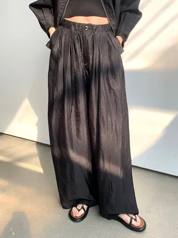 Women High Waisted Wide Leg Pants Elastic Waist Loose Straight Rayon Cotton Trousers Casual Drape Full Length Pants