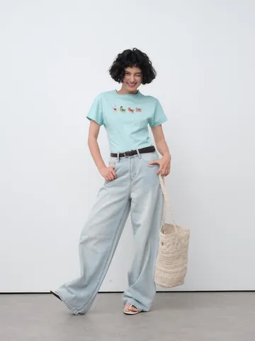 Jeans à Jambe Droite à Taille Haute pour Femmes Pantalon en Denim 100% Coton Lavé à Jambe Large Printemps Été Décontracté