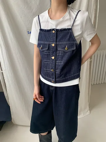 Gilet in Denim Casual da Donna Top in Cotone Con Bottoni Senza Maniche Distressed Bordo Sfilacciato Semplice Top a Canotta Blu