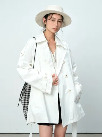 Gabardina de Media Longitud con Doble Botonadura para Mujer Color Sólido Casual de Mezcla de Algodón Cortavientos Con Cinturón Top