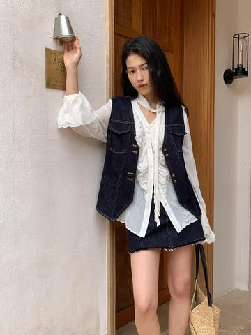 Damen Vintage Denim Weste Kontrastnähte V-Ausschnitt Einreihige Ärmellose Jacke Casual Oberbekleidung Weste Top