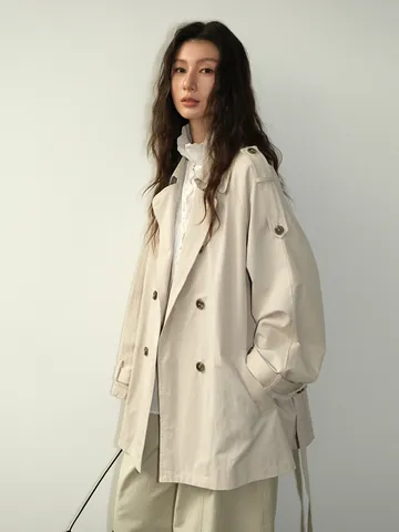Gabardina de Media Longitud con Doble Botonadura para Mujer Color Sólido Casual de Mezcla de Algodón Cortavientos Con Cinturón Top