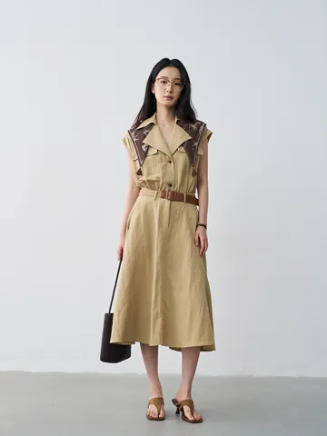 Women Elegant Sleeveless Lapel Scarf Midi Dress Rayon Nylon A-Line Waist Tie Belt Casual Solid Summer Vest Dress