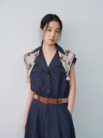 Women Elegant Sleeveless Lapel Scarf Midi Dress Rayon Nylon A-Line Waist Tie Belt Casual Solid Summer Vest Dress