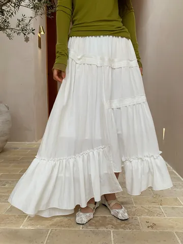 Women Irregular Tiered Maxi Skirt Elastic High Waist Layered A-Line Long Skirt Cotton Nylon Patchwork Casual Summer Bottoms