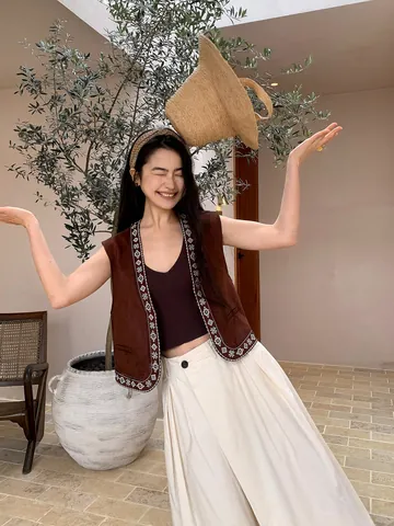 Dames V-hals Mouwloos Vest Etnische Stijl Geborduurd Boho Vakantie Vest Polyester Elastaan Top