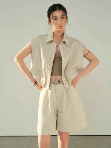 Women Casual Linen Cotton Blend Wide Leg Shorts High Waist Three-Quarter Pants With Belt Patchwork Summer Fashion Shorts
