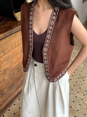 Dames V-hals Mouwloos Vest Etnische Stijl Geborduurd Boho Vakantie Vest Polyester Elastaan Top