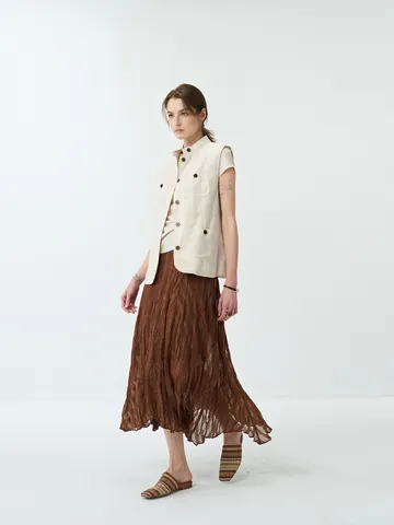 Women 3D Pinch Pleated Bias Cut Plaid Skirt Beach Casual Polyester Crinkled A-Line Long Skirt