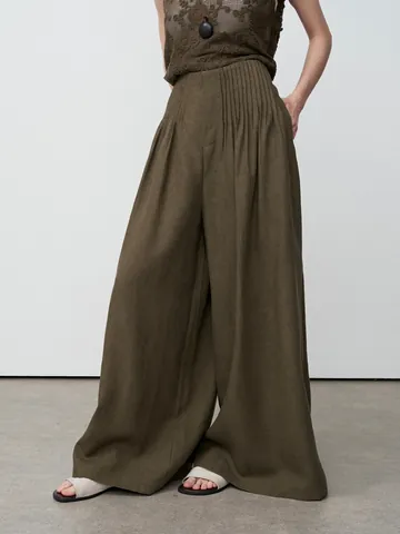 NEIHE Lyocell Linen Wide Leg Pants Women Summer High Waist Drape Casual Loose Culottes Ancient Ink Dyeing Style Bottom 258288