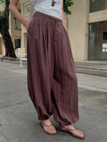 Women Lyocell Tencel Lantern Wide Leg Pants Casual High Waist Solid Color Thin Breathable Splicing Loose Long Bottoms