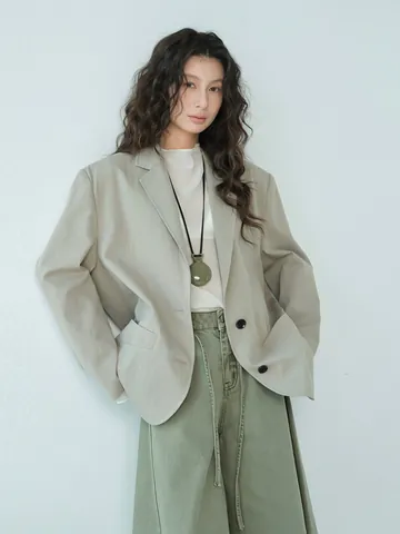 Blazer in Lino Elegante Stile Coreano da Donna Vestibilità Larga Rever a Dente Monopetto Tinta Unita Giacca Autunnale