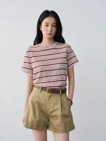 Pantalones Cortos Casuales de Algodón para Mujer Verano Plisados Cintura Media Rectos Dobladillo Enrollado Con Cinturón