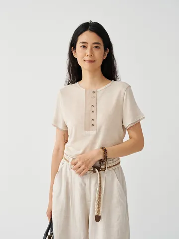 Women's Tencel Linen Blend Knit T-Shirt Korean Style Short Sleeve Henley Neck Top Solid Color Striped Summer Casual Tee