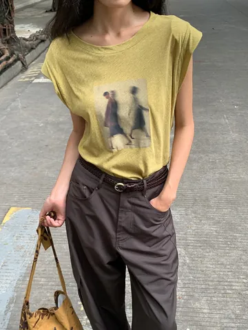 T-Shirt Femme en Coton Imprimé Manches Volantes Portrait Art Rétro Haut Décontracté à Col Rond