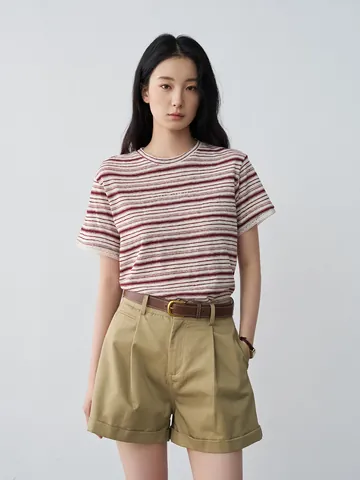 Camiseta de Lino y Algodón Bordado con Puño de Encaje para Mujer a Rayas Cuello Redondo Hombro Regular Adelgazante Manga Corta Verano Top