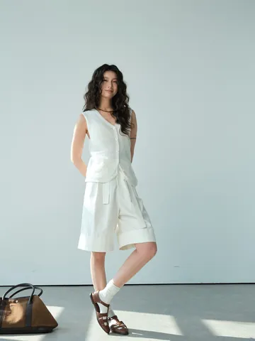 Bermudas Casuales para Mujer de Verano Línea A Cintura Alta Mezcla de Algodón Dobladillo Vuelta Pierna Ancha