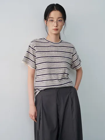 Camiseta de Lino y Algodón Bordado con Puño de Encaje para Mujer a Rayas Cuello Redondo Hombro Regular Adelgazante Manga Corta Verano Top