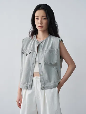 Gilet di Denim da Donna Largo in Cotone Lavato Girocollo Senza Maniche con Tasche Monopetto Casual Top a Strati