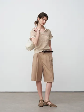 Short Femme Taille Haute en Polyamide Longueur Genou Simple Décontracté Ceinturé Jambe Droite Navette Été Couleur Unie