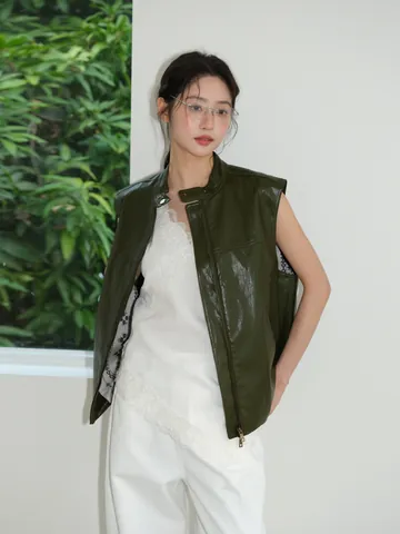 Gilet da Donna in Ecopelle con Collo Rialzato e Cerniera Gilet Senza Maniche Stile Old Money Giacca Primaverile