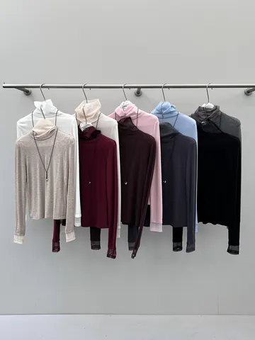Mujer Elegante Tencel Lana Cuello Alto Capa Base Top Manga Larga Viajero Ajuste Estrecho Camiseta con Decoración de Collar Estilo Urbano Chic Ropa