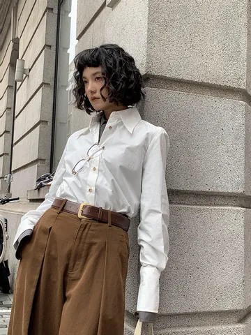Chemise Femme Décontractée Ample en Coton Modal Manches Longues Chemisier Boutonné Simple Basique Couleur Unie Haut Mi-long