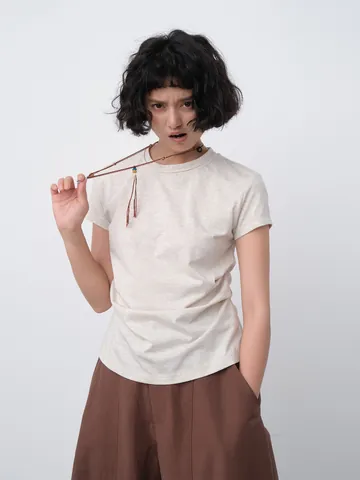 Women Korean Style Cotton T-Shirt Ruched Waist Design Slim Fit Short Sleeve Summer Top With Necklace Accessory
