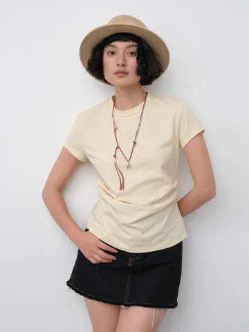 Women Korean Style Cotton T-Shirt Ruched Waist Design Slim Fit Short Sleeve Summer Top With Necklace Accessory