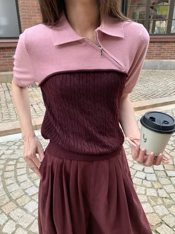 Dames Asymmetrische Rits Polokraag Kleurblok Gebreide Top Met Korte Mouwen Nep Tweedelig Kabelbreisel Patchwork Top