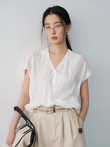 Camisa Casual de Mujer con Cuello en V Falso Dos Piezas Manga Corta de Ramio Splicing Top de Verano