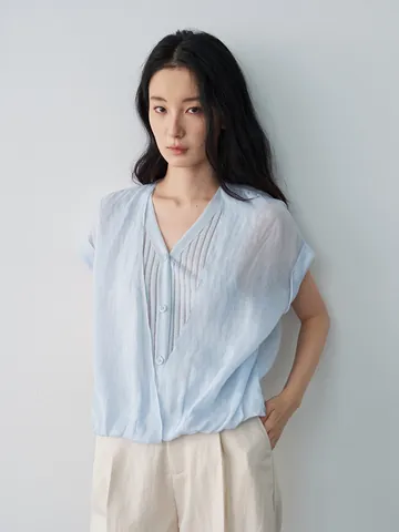 Camisa Casual de Mujer con Cuello en V Falso Dos Piezas Manga Corta de Ramio Splicing Top de Verano