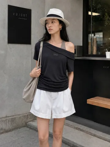 Women Lyocell Blend Off-Shoulder Fake Two-Piece T-Shirt Letter Print Ruched Waist Top Casual Short Sleeve Tee
