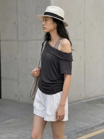 Women Lyocell Blend Off-Shoulder Fake Two-Piece T-Shirt Letter Print Ruched Waist Top Casual Short Sleeve Tee