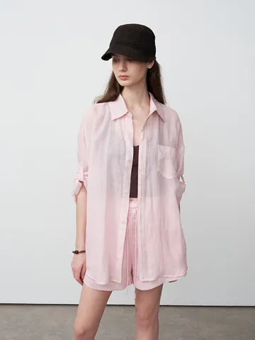 Women Lazy Style Tencel Ramie Shirt Loose Long Sleeve Sun Protection Cardigan Top Solid Color Blouse With Pocket