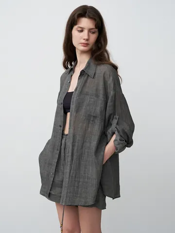 Women Lazy Style Tencel Ramie Shirt Loose Long Sleeve Sun Protection Cardigan Top Solid Color Blouse With Pocket
