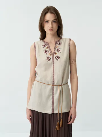 Dames Retro Geborduurd V-Hals Linnen Tencel Vest Mouwloos Casual Zomer Losse Top Halflang Tank Met Kwastjes