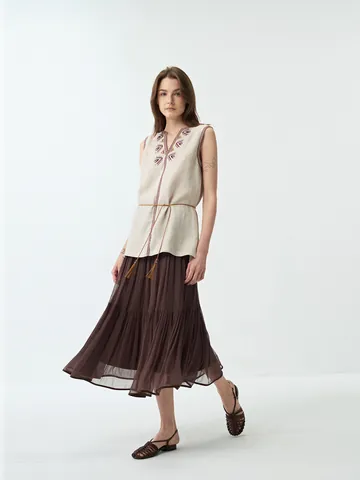 Dames Retro Geborduurd V-Hals Linnen Tencel Vest Mouwloos Casual Zomer Losse Top Halflang Tank Met Kwastjes