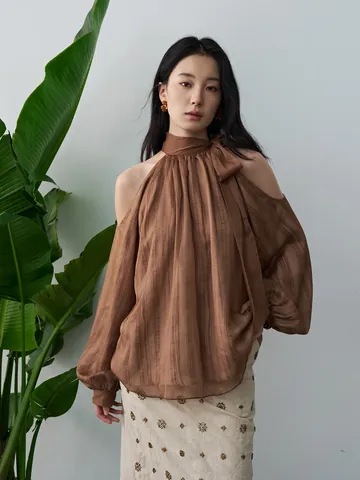 Damen Neckholder Schulterfrei Chiffon Bluse Elegant Laternenärmel Top Einfarbig Urlaubsstil Polyester Hemd