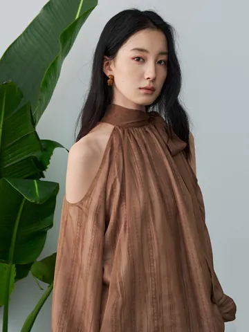 Damen Neckholder Schulterfrei Chiffon Bluse Elegant Laternenärmel Top Einfarbig Urlaubsstil Polyester Hemd