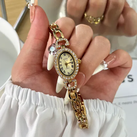 Women Retro Oval Quartz Watch Vintage Alloy Strap Elegant Rhinestone Inlaid Waterproof Dress Watch Roman Numerals Wristwatch