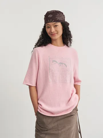 Women's Loose Lazy Style Knitted Top Silver Silk Embroidered Jacquard Crew Neck Half Sleeve Rabbit Hair Blend Sweater