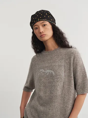 Women's Loose Lazy Style Knitted Top Silver Silk Embroidered Jacquard Crew Neck Half Sleeve Rabbit Hair Blend Sweater