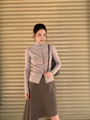 Vintage Maillard Style Asymmetric Diagonal Cut Midi Skirt For Women High Waist A-Line Polyester Spandex Skirt With Belt
