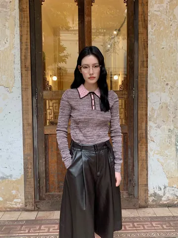 Γυναικείο Vintage Πλεκτό Τοπ Polo Space-Dye Αντιθετικό Χρώμα Διάτρητο Πέτο Μακρύ Μανίκι από Βισκόζη Πολυαμίδιο Casual Πουλόβερ για Φθινόπωρο