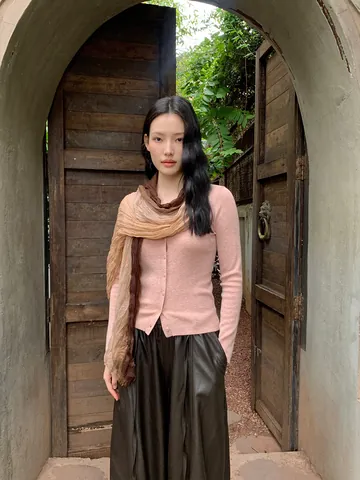 Women's Korean Style Soft Knit Cardigan Sweater With Scarf Set Slim Fit V-Neck Single Breasted Long Sleeve Knitted Top