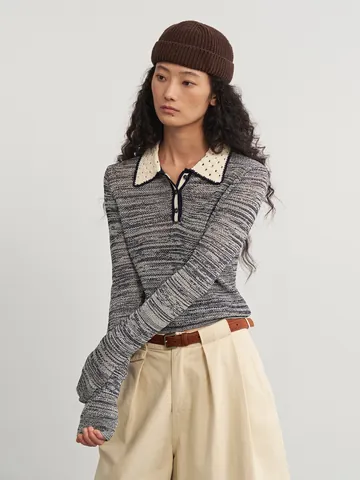 Γυναικείο Vintage Πλεκτό Τοπ Polo Space-Dye Αντιθετικό Χρώμα Διάτρητο Πέτο Μακρύ Μανίκι από Βισκόζη Πολυαμίδιο Casual Πουλόβερ για Φθινόπωρο