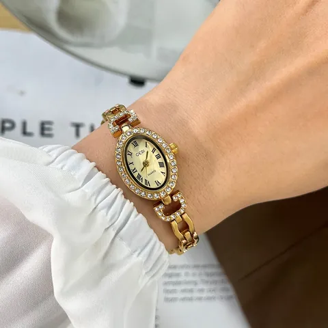 Women Retro Oval Quartz Watch Vintage Alloy Strap Elegant Rhinestone Inlaid Waterproof Dress Watch Roman Numerals Wristwatch