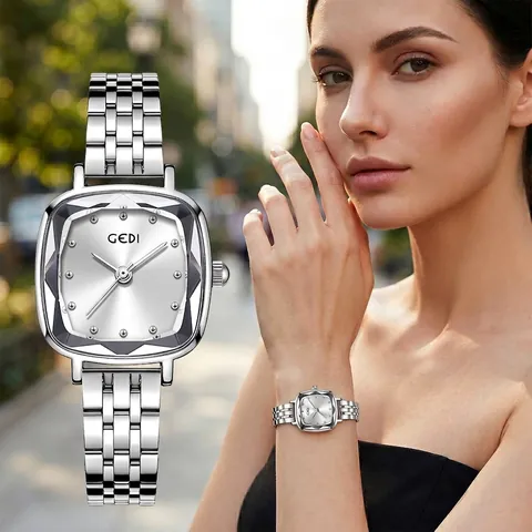 GEDI Fashion Luxury Women Quartz Watch Geometric Faceted Mirror Stainless Steel Strap Elegant Square Dial Dress Wristwatch